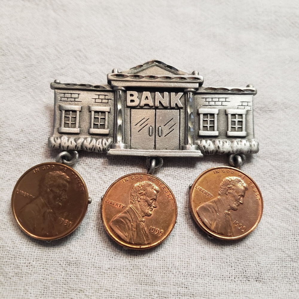 Vintage JJ (Jonette Jewelry) Pewter Bank Brooch with 3 Pennies 1981 and two 1995